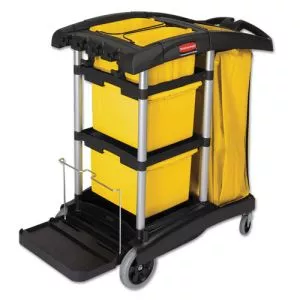 HYGEN Microfiber Healthcare Cleaning Cart, Plastic, 3 Shelves, 5 Bins, 22" x 48.25" x 44", Yellow/Black/Silver-RCP9T73