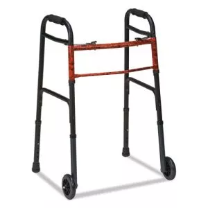 Two-Button Release Folding Walker with Wheels, Adjusts 32" to 38", 250 lb Capacity, Black/Copper-BGH80210450200
