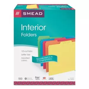 Interior File Folders, 1/3-Cut Tabs: Assorted, Letter Size, 0.75" Expansion, Assorted Colors, 100/Box-SMD10229