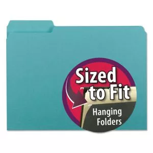 Interior File Folders, 1/3-Cut Tabs: Assorted, Letter Size, 0.75" Expansion, Aqua, 100/Box-SMD10235