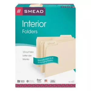Interior File Folders, 1/3-Cut Tabs: Assorted, Letter Size, 0.75" Expansion, Manila, 100/Box-SMD10230