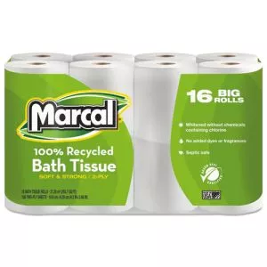 100% Recycled 2-Ply Bath Tissue, Septic Safe, White, 168 Sheets/Roll, 16 Rolls/Pack-MRC1646616PK