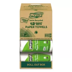 100% Premium Recycled Kitchen Roll Towels, Roll Out Box, 2-Ply, 11 x 5.5, White, 140 Sheets, 12 Rolls/Carton-MRC6183