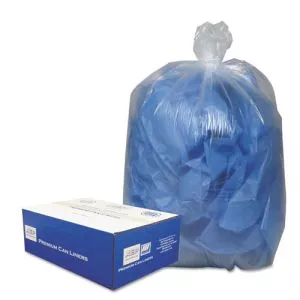 linear low-density can liners, 10 gal, 0.6 mil, 24" x 23", clear, 25 bags/roll, 20 rolls/carton-WBI242315C