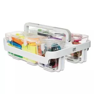 Stackable Caddy Organizer with S, M and L Containers, Plastic, 10.5 x 14 x 6.5, White Caddy/Clear Containers-DEF29003