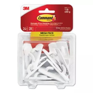 General Purpose Hooks, Small, Plastic, White, 1 lb Capacity, 24 Hooks and 28 Strips/Pack-MMM17002MPES