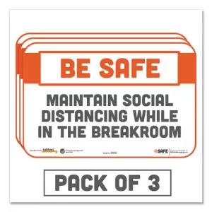 Besafe Messaging Repositionable Wall/door Signs, 9 X 6, Maintain Social Distancing While In The Breakroom, White, 3/pack-TAB29056