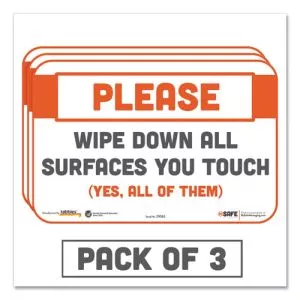 Besafe Messaging Repositionable Wall/door Signs, 9 X 6, Please Wipe Down All Surfaces You Touch, White, 3/pack-TAB29063