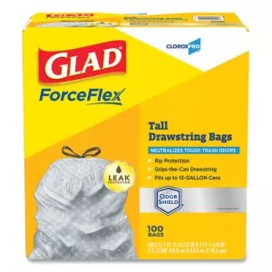 Forceflex Tall Kitchen Drawstring Trash Bags, 13 Gal, 0.72 Mil, 23.75" X 24.88", Gray, 100/box-CLO70427
