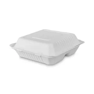 Tree-Free Farm to Paper Agricultural Waste Clamshell Container, 3-Compartment 8 x 8 x 3, White Sugarcane, 50/Pack, 6 Packs/CT-DFDPME01010