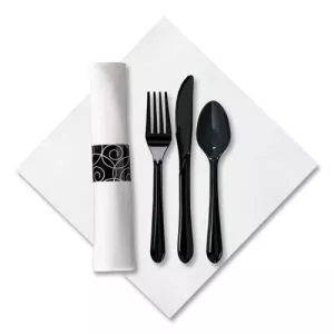 Caterwrap Heavyweight Cutlery Combo, Fork/spoon/knife/napkin, Black, 100/carton-HFM119971